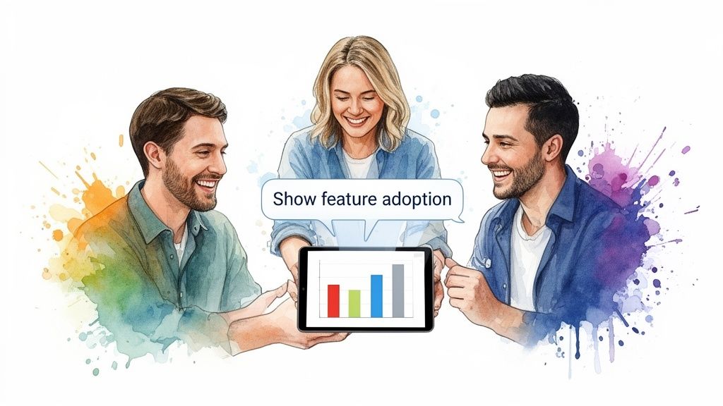 Three smiling people collaborating, with a woman presenting 