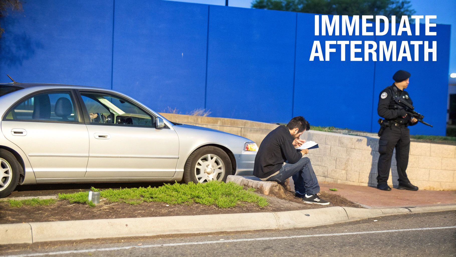 A man reviews papers while seated on a curb, with a police officer and a silver car nearby.