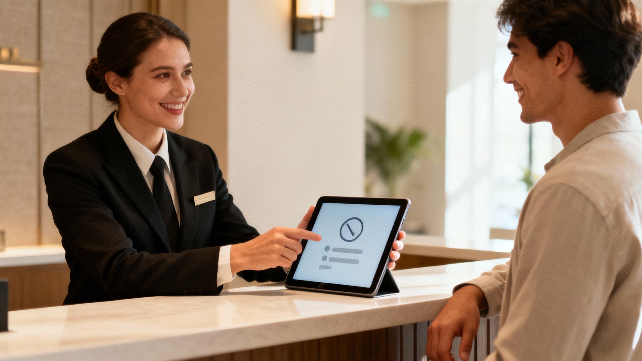 A restaurant manager smiling while reading positive customer feedback on a tablet.