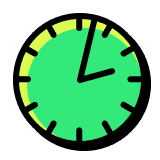 A green and yellow clock showing the time, with hands indicating a specific hour and minute.