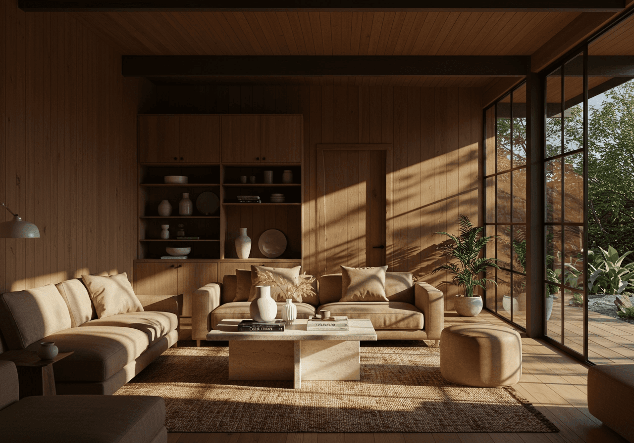 A view of a studio interior with modern decor, featuring large windows that offer a glimpse of lush greenery outside