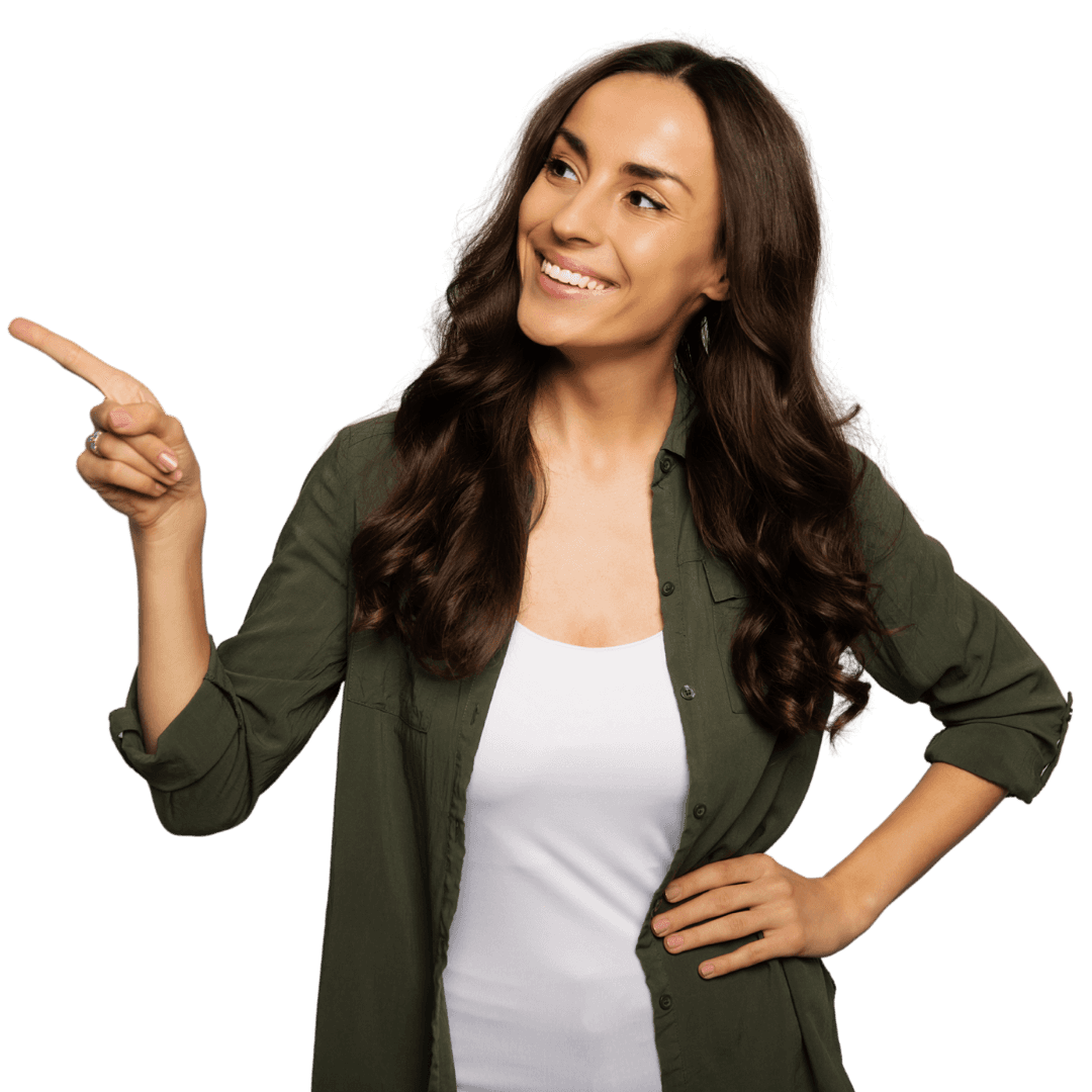 Cheerful HR executive with curly hair, pointing to her left with a pen, wearing a bright yellow t-shirt