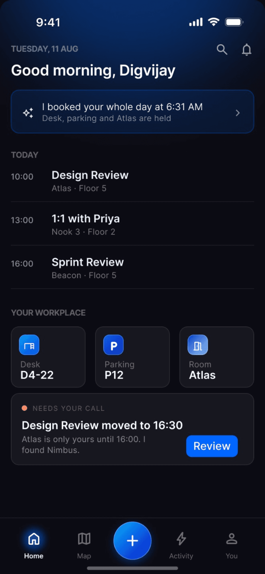 Sync home screen with the day already booked