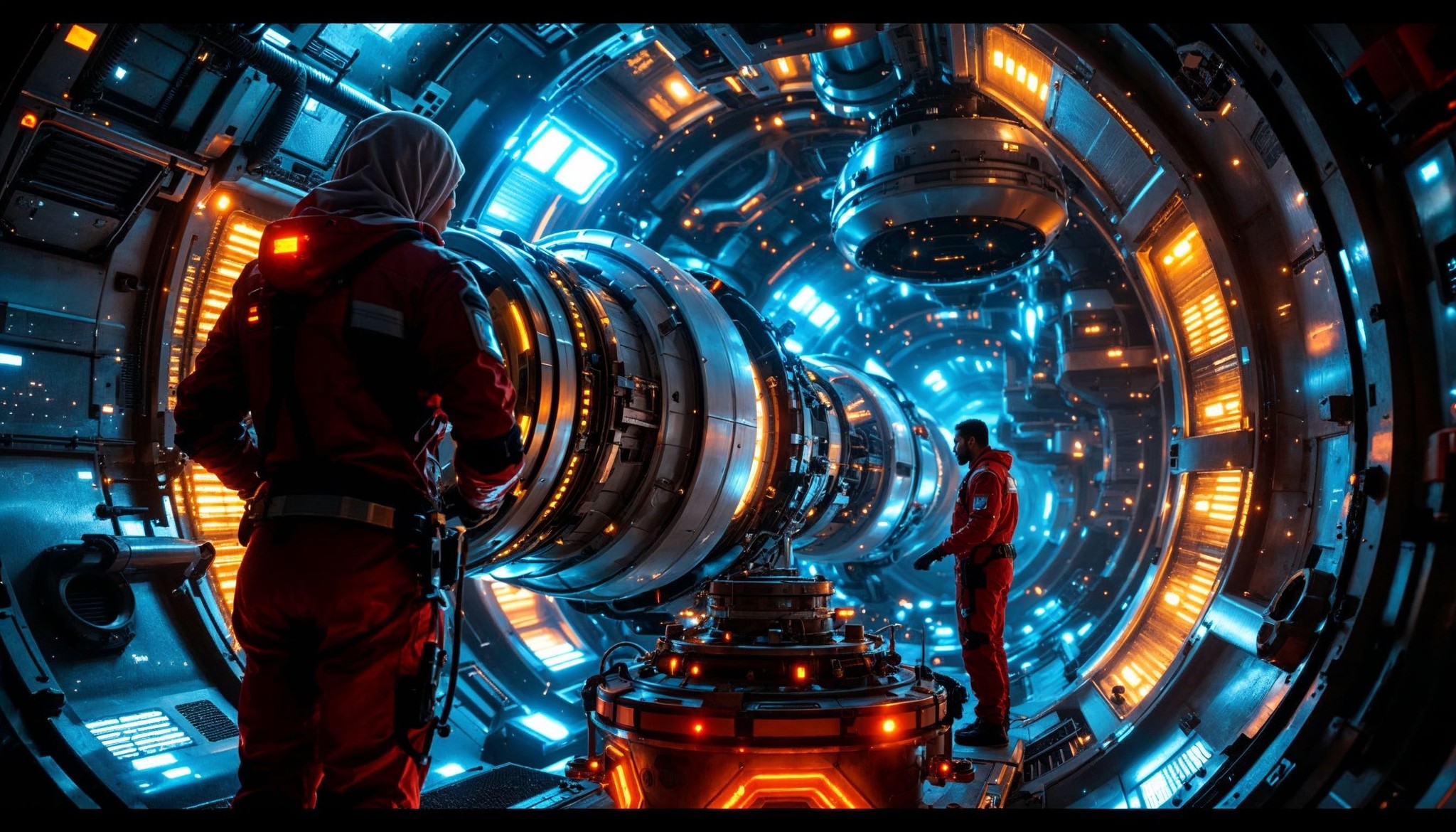 Two people in red spacesuits stand inside a futuristic spacecraft engine room with glowing blue and orange lights. They examine a large, complex cylindrical machine at the center of the vessel, surrounded by intricate technology and panels.