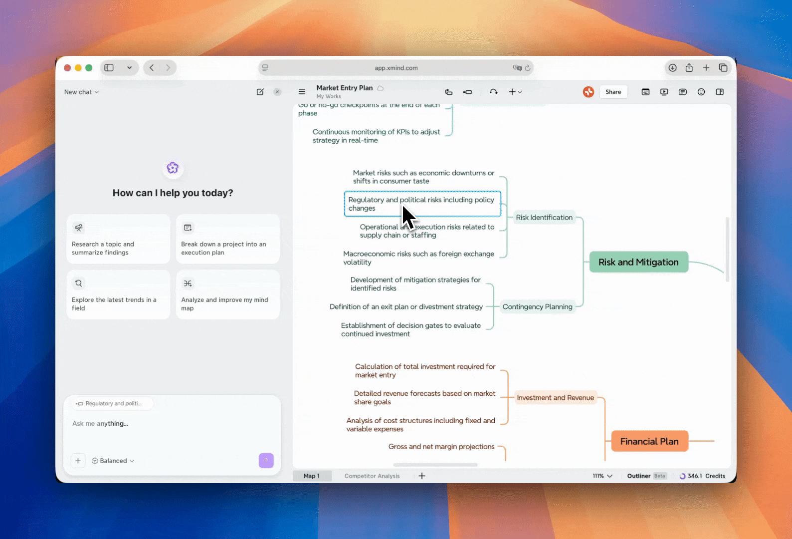 Show Xmind AI searching online and returning findings with sources in the chat. Then show the findings added as organized branches in the map.