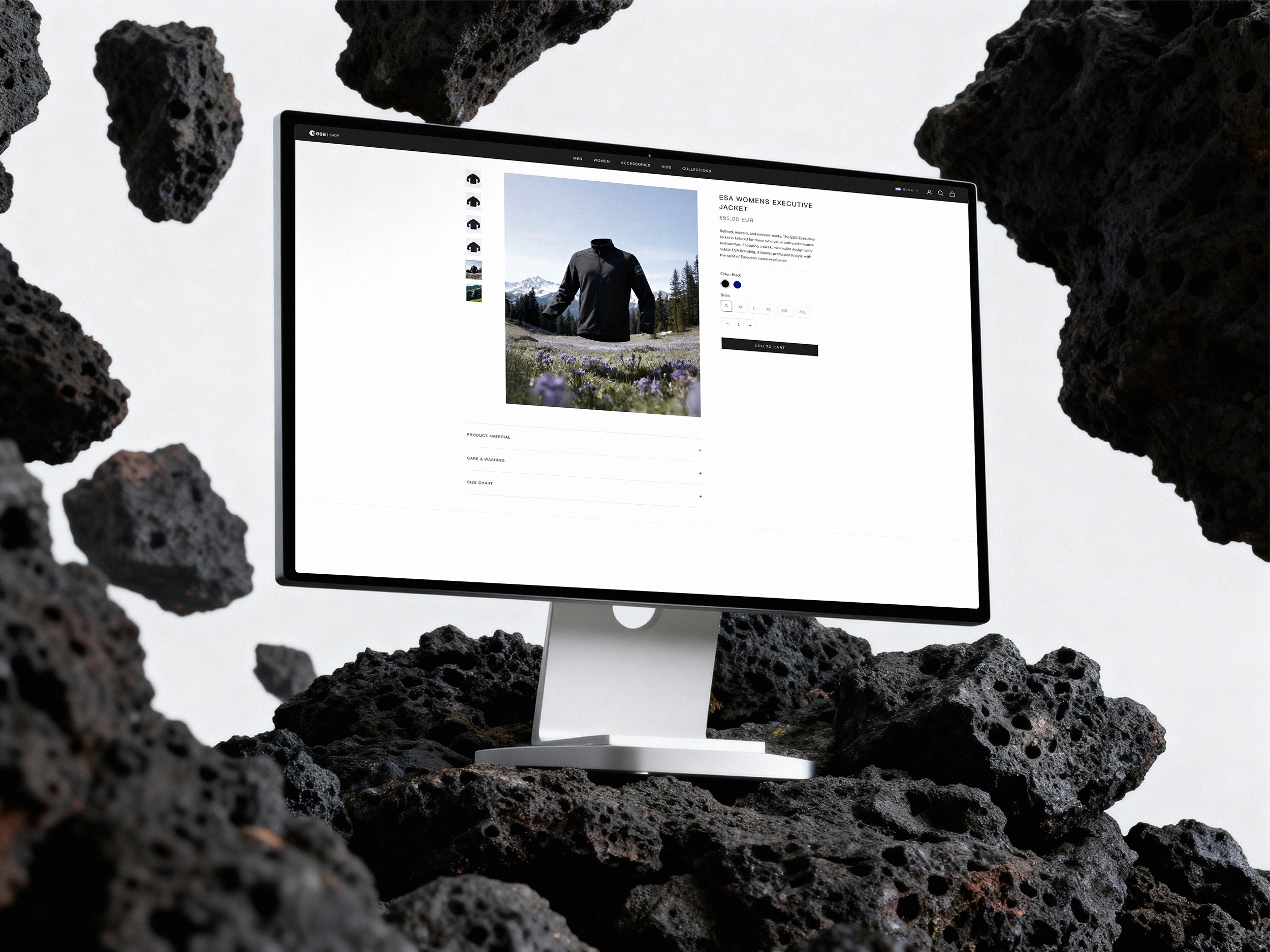 , a black jacket with a small white emblem, 