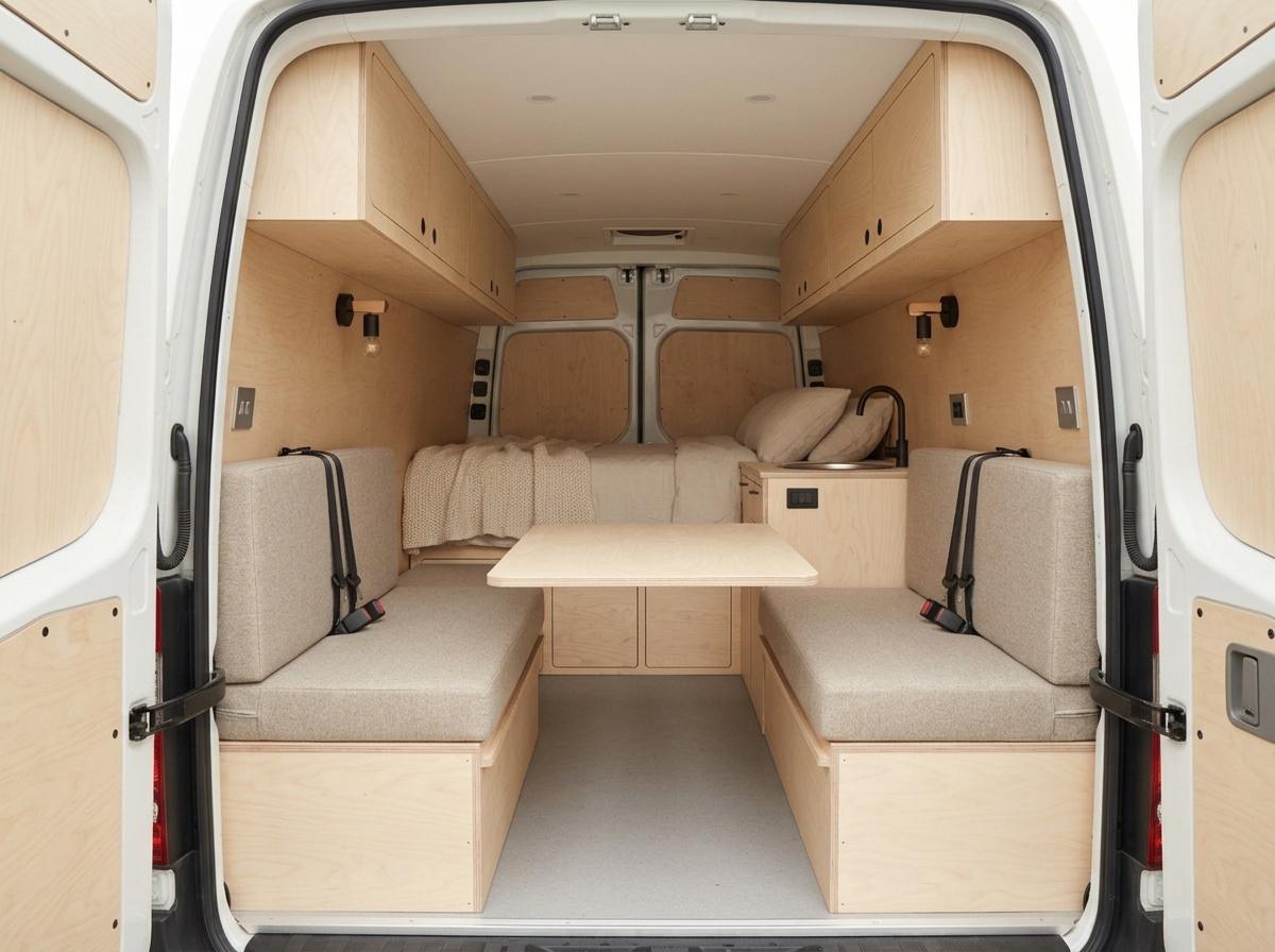 Family camper van dinette with two facing bench seats and a ply table, the bed platform at the rear.