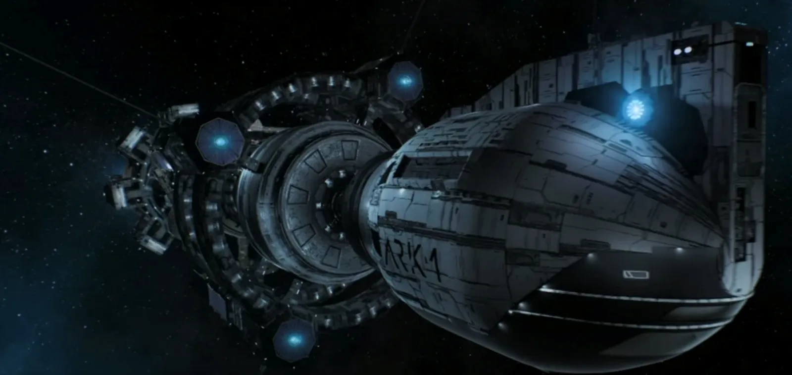 A futuristic spacecraft with intricate detailing and illuminated blue thrusters traverses through the dark expanse of space, showcasing technological advancement and exploration themes.