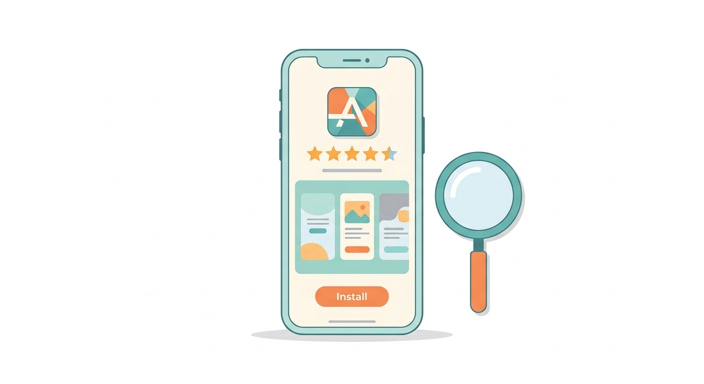 Illustration of an optimized app store listing with icon, screenshots and a five star rating