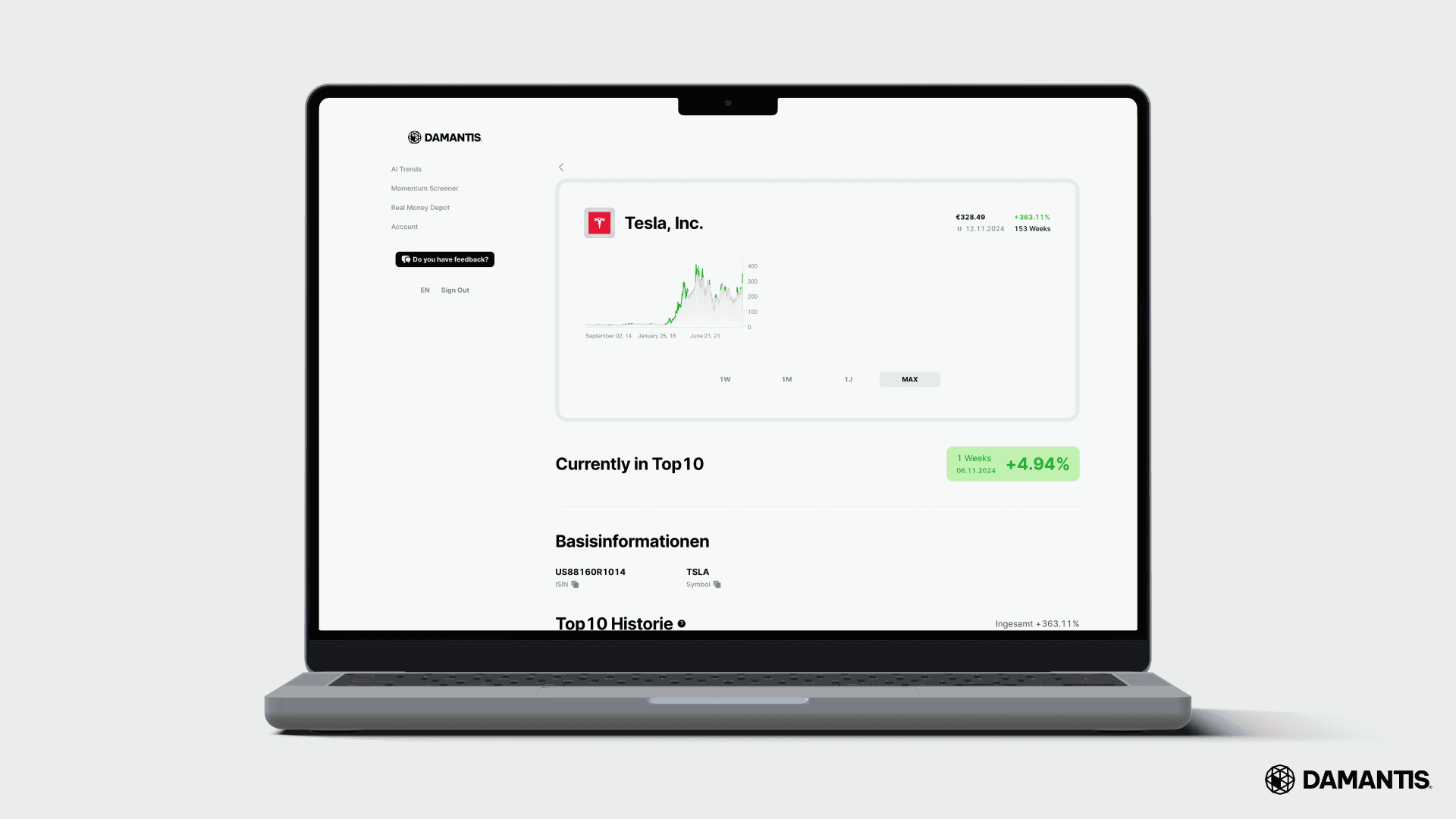 Showing interface for tesla stock