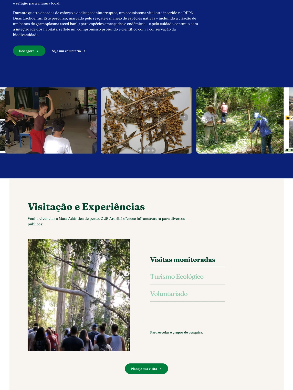 Seção de visitação na página inicial do site do Jardim Botânico Araribá no computador
