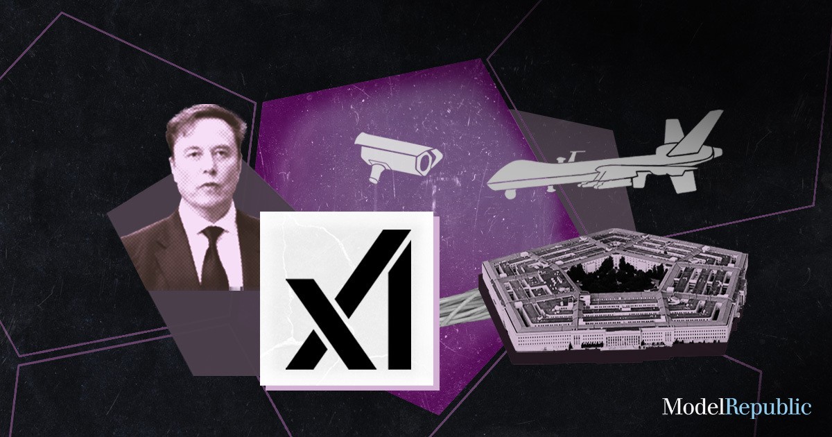 Composite image featuring Elon Musk, xAI logo, a surveillance camera, a drone, and the Pentagon, illustrating xAI’s agreement with the DoD.