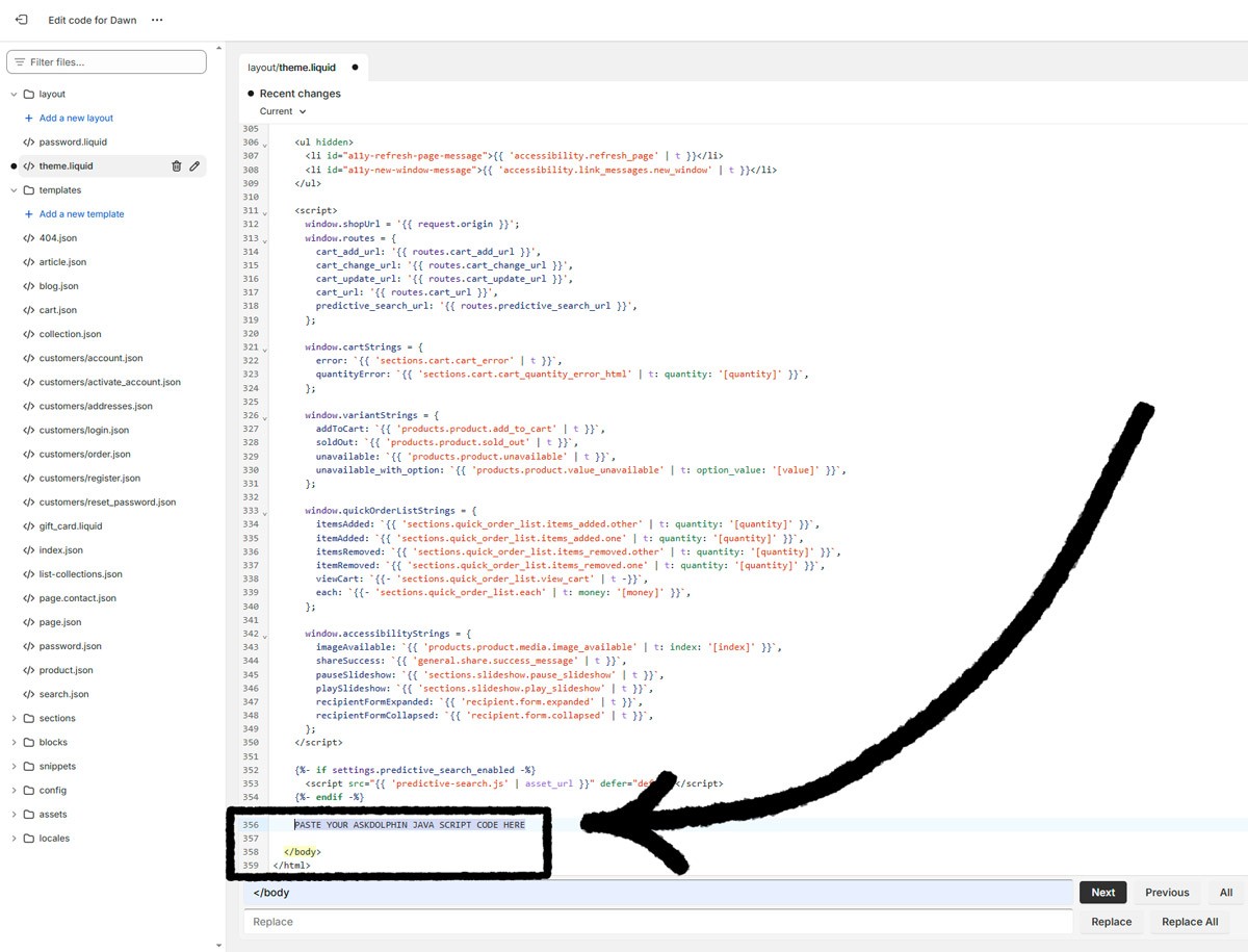 Shopify theme.liquid file with an arrow pointing to the location just above the closing </body> tag where the AskDolphin script should be pasted.