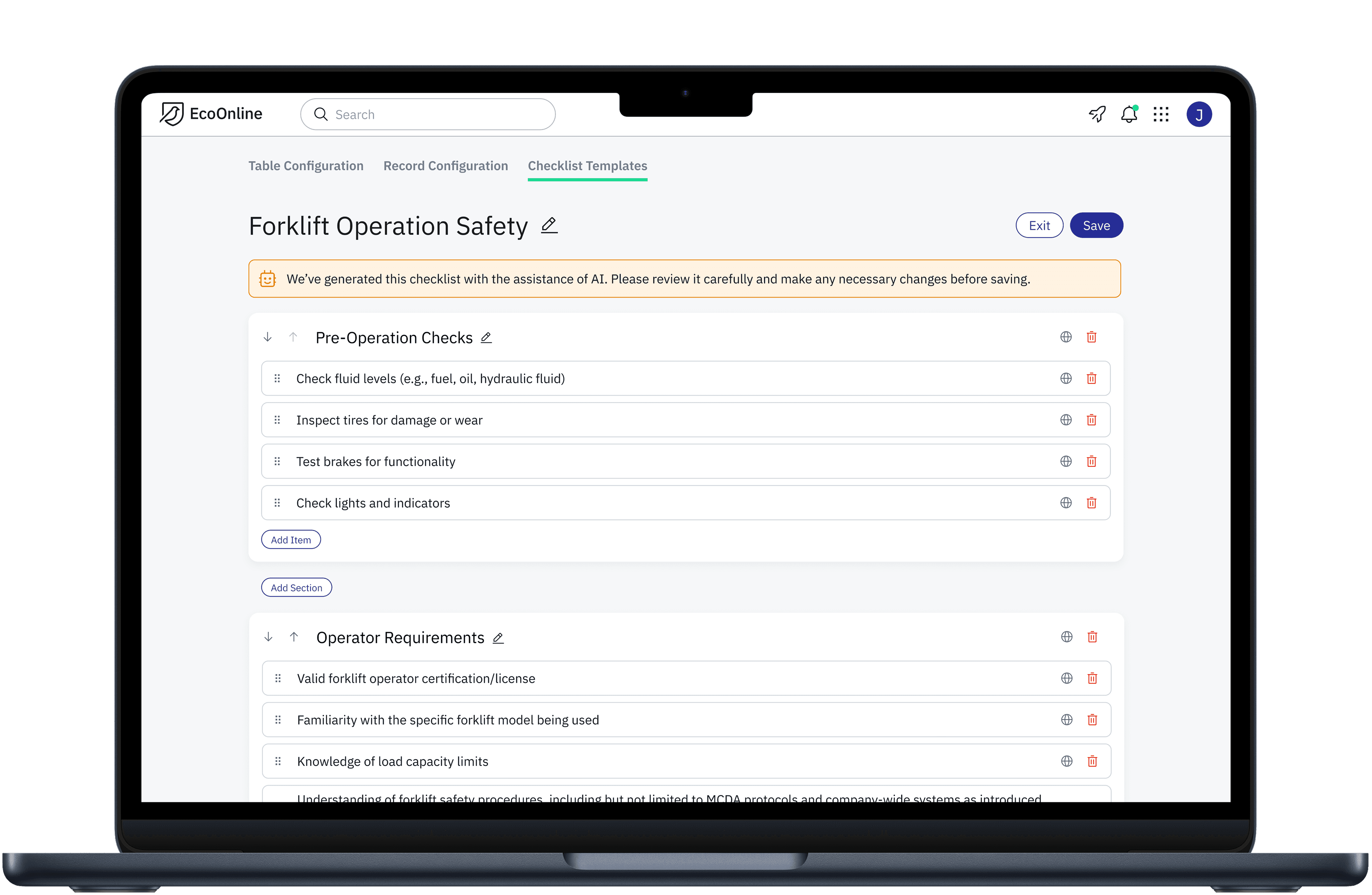 Screenshot of AI checklist editor