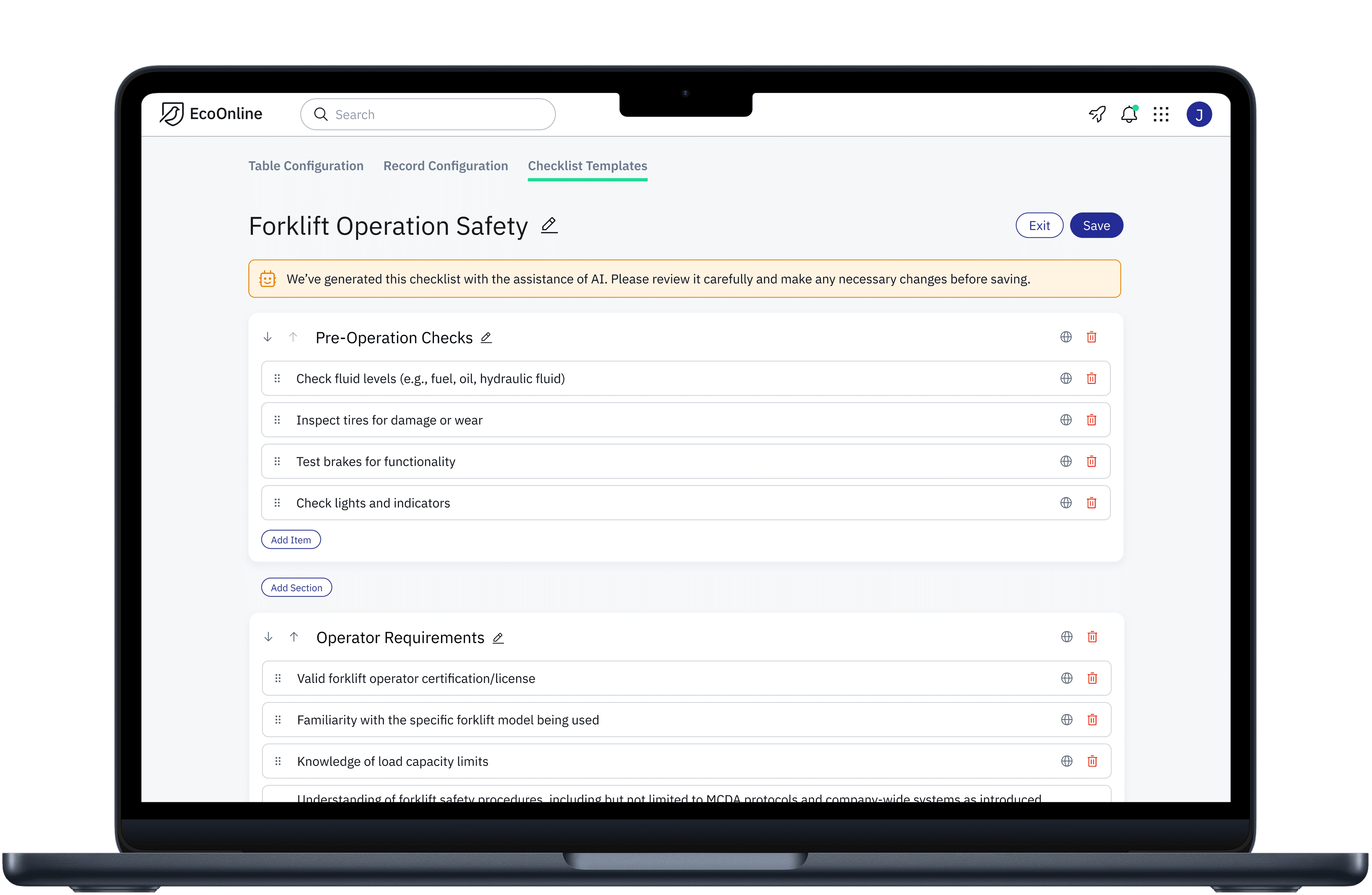 Screenshot of AI checklist editor