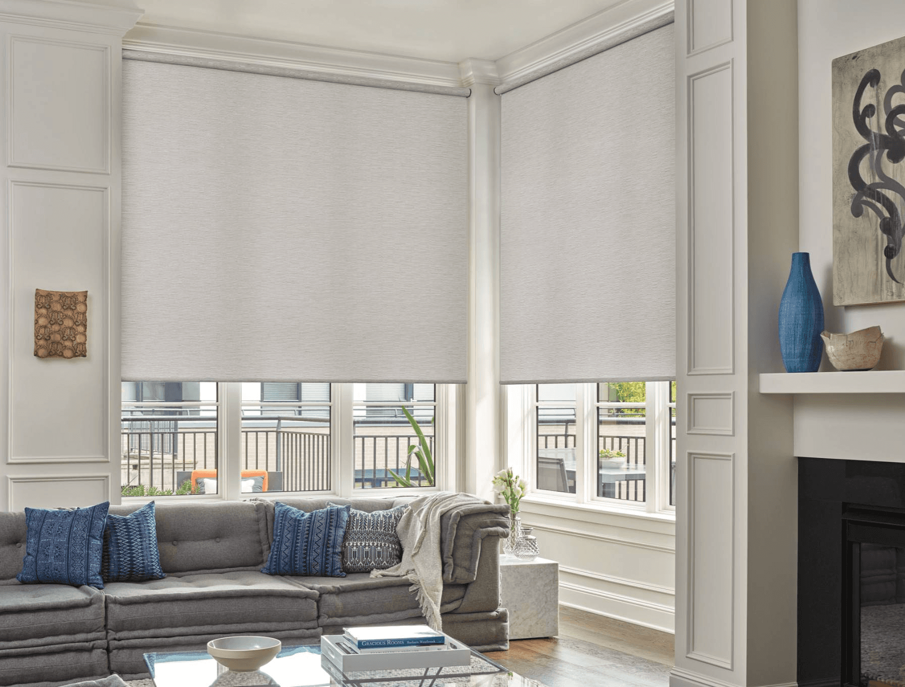 Designer Roller Shades in Livig Room