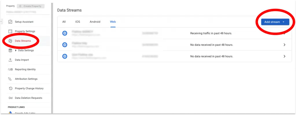 GA4 admin with Data Streams and the Add stream button circled in red