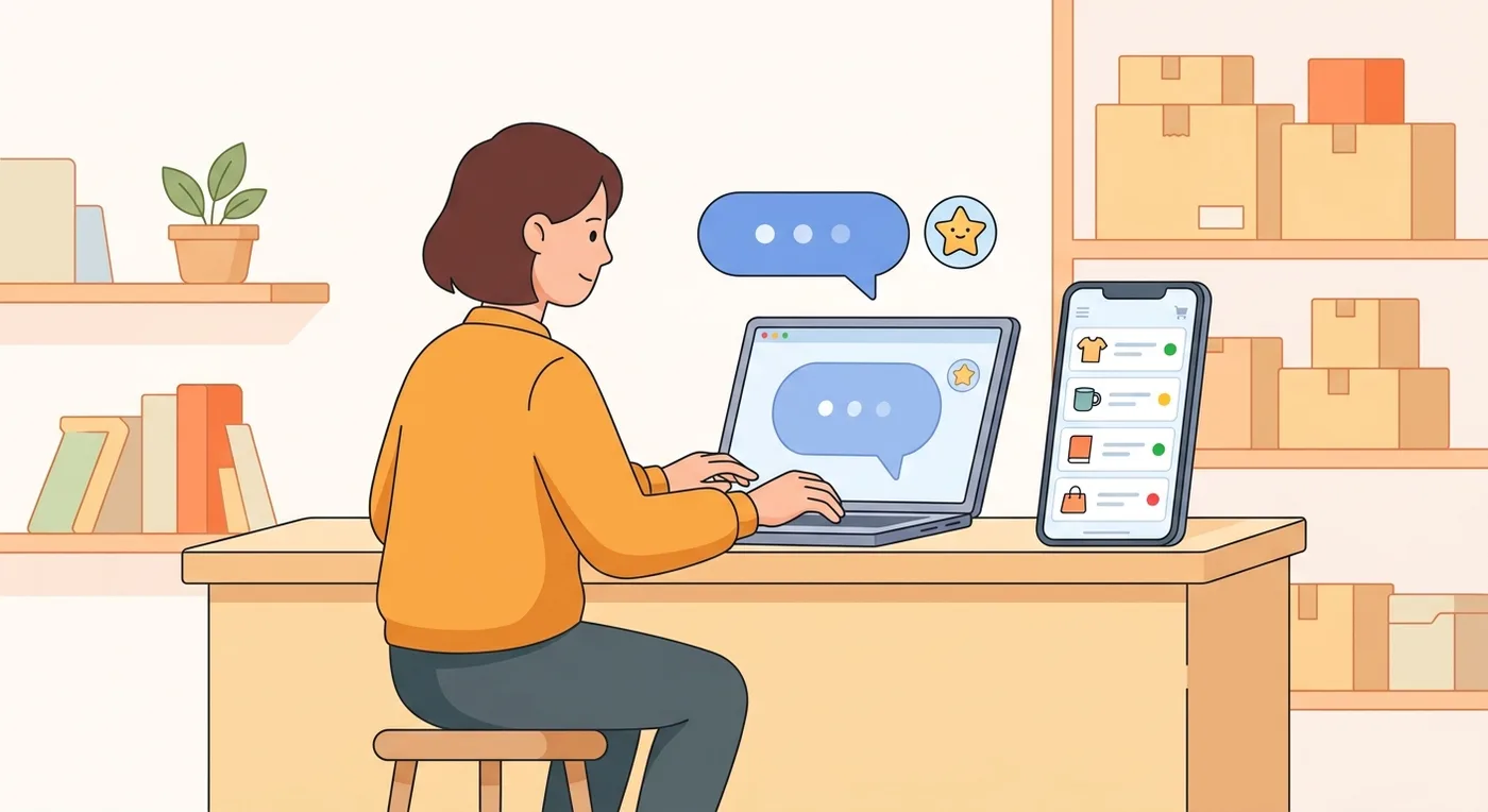Shop owner describing custom inventory management software to an AI app builder while the app shows stock levels on a phone
