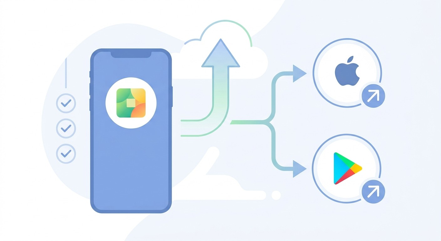 Illustration of an app icon being uploaded to the Apple App Store and Google Play, showing the app store submission process