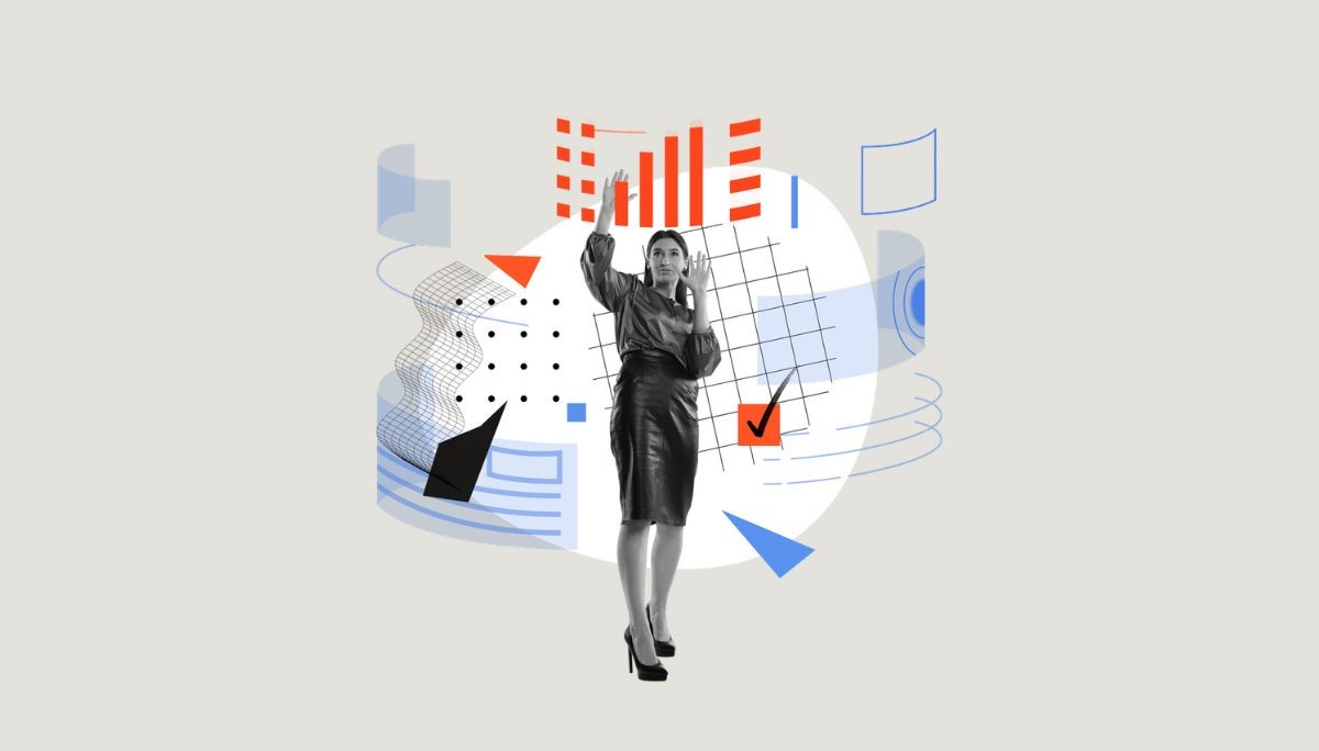 Illustration of person interacting with graphs and check marks, representing the role of a marketing engineer.