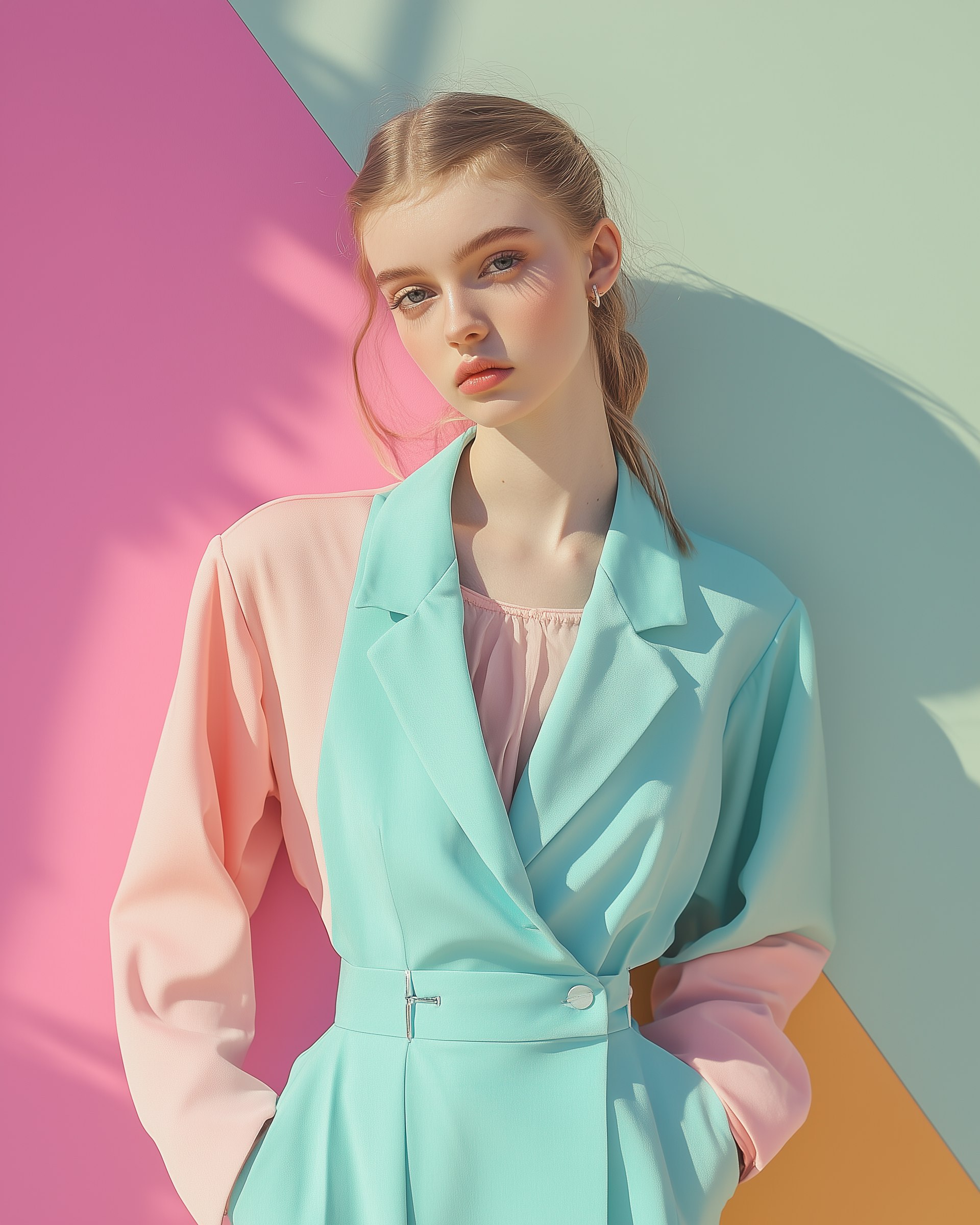 Girl standing in pasted colorful background