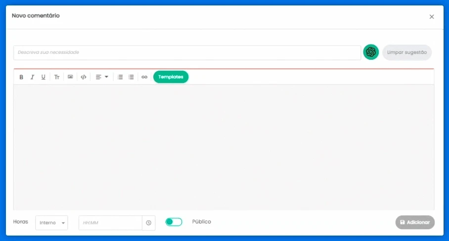 Editor de novo comentário no Milvus com sugestão de texto gerada por inteligência artificial