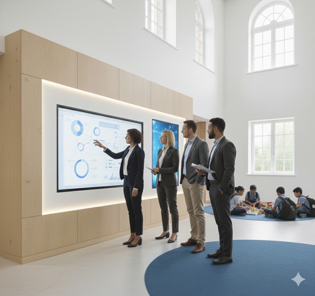 A school building stands against the backdrop of a clear sky