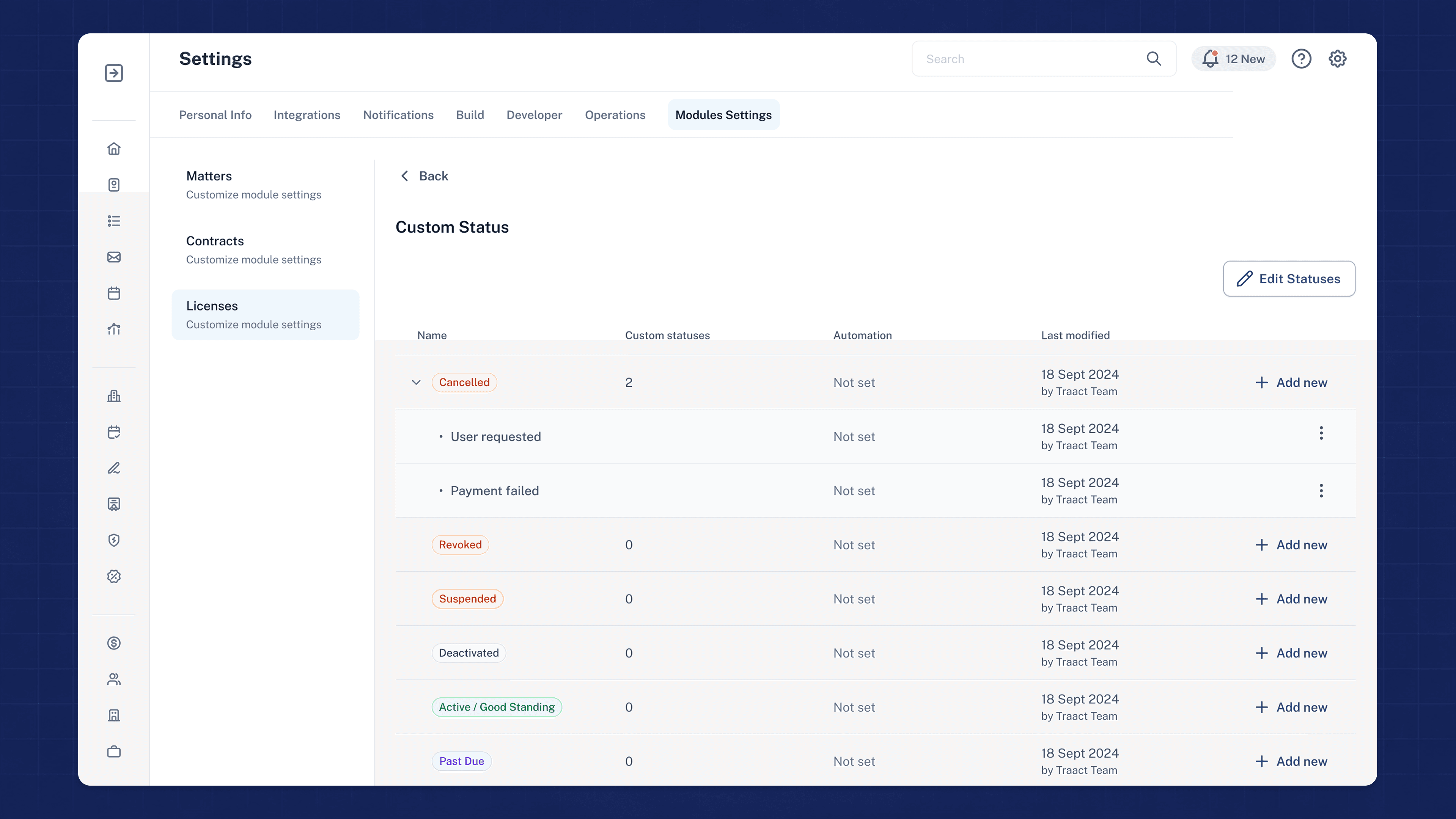 The Modules Settings, showing a module's status list with trigger configuration separated.