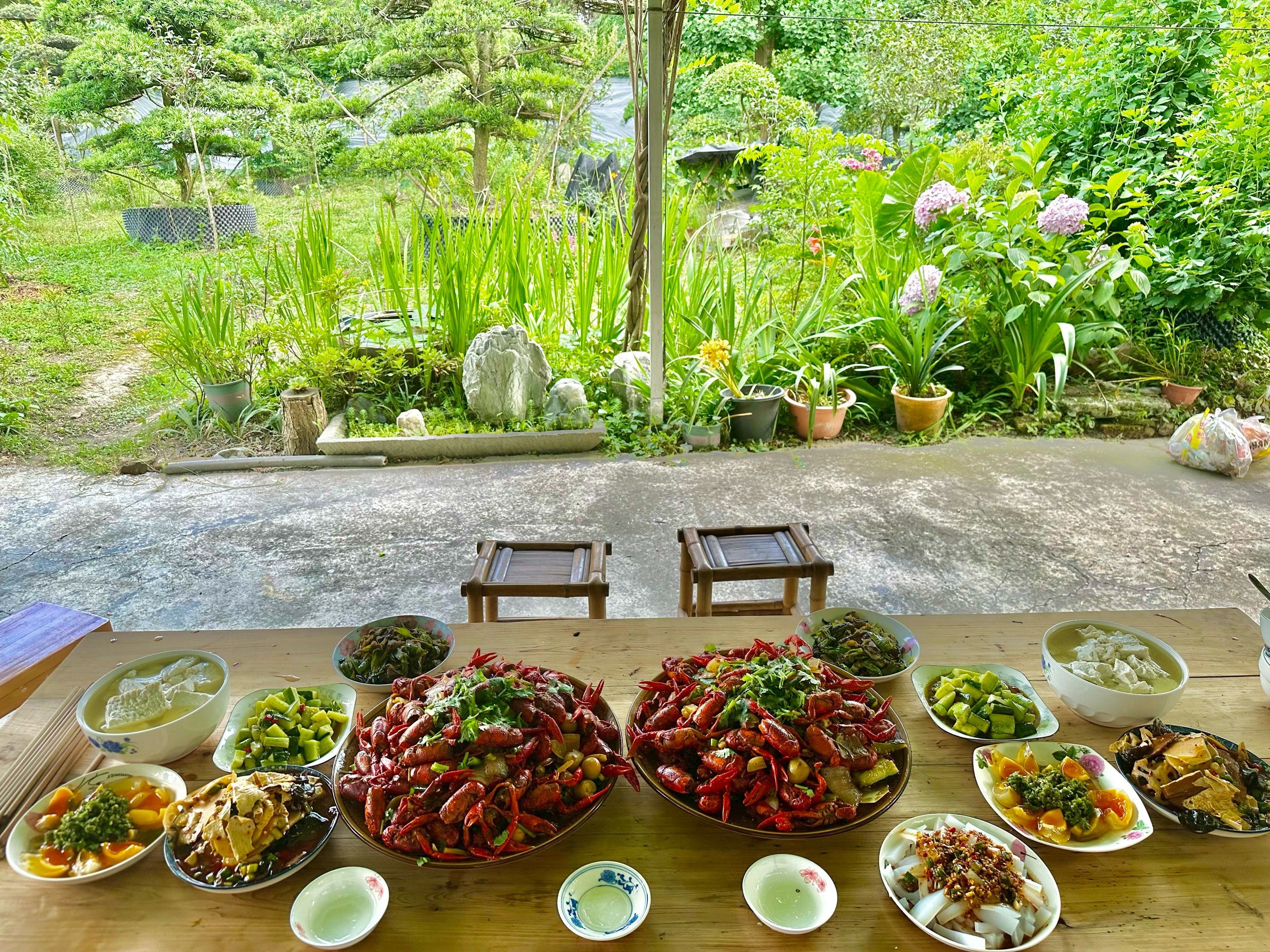 Authentic countryside Sichuan lunch with fresh local dishes served during a Dujiangyan private day trip.