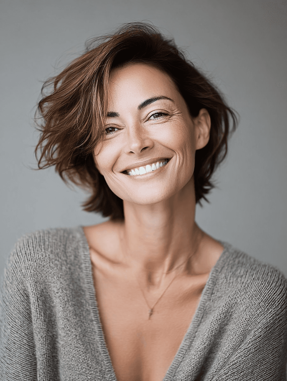 A smiling woman with short, wavy hair wearing a cozy sweater, against a soft, neutral background.