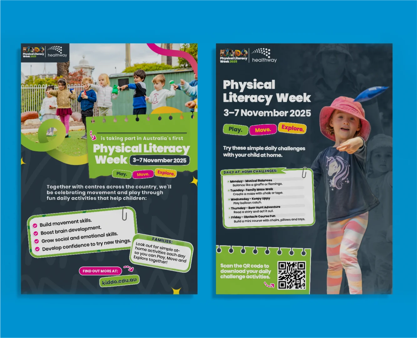 Professional print design for KIDDO Physical Literacy Week by Subiaco graphic designer Andrew Salfinger, featuring educational posters with QR codes and daily activity challenges.