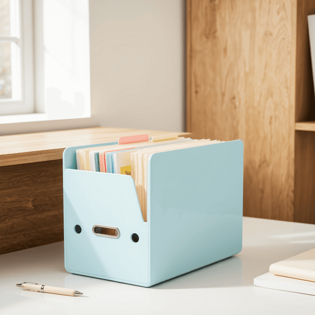 product photography of a file organizer with tabs for documents