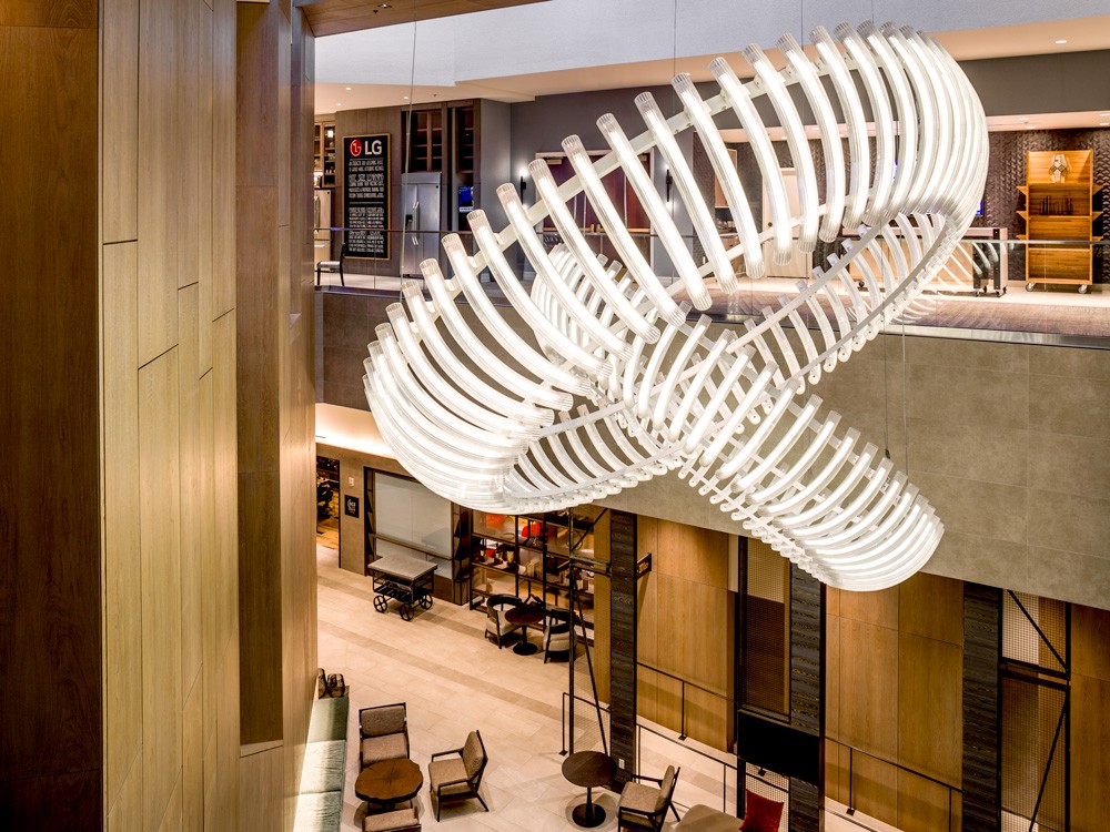Finale lighting installation in the lobby of Marriott's Innovation Lab, serving as a visual statement integrating materiality and lighting technology