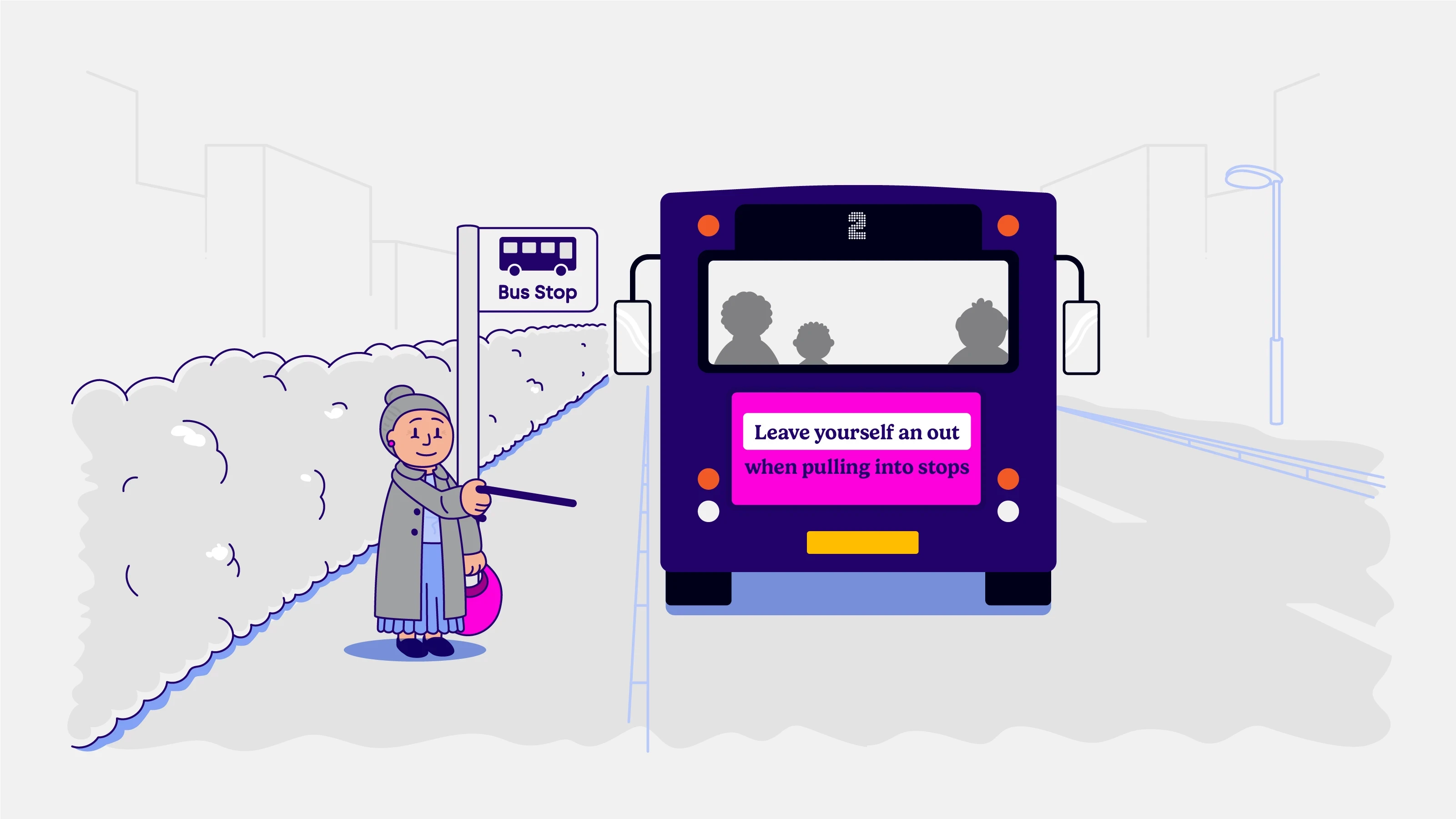 Illustration of old lady using her walking stick to flag down a bus
