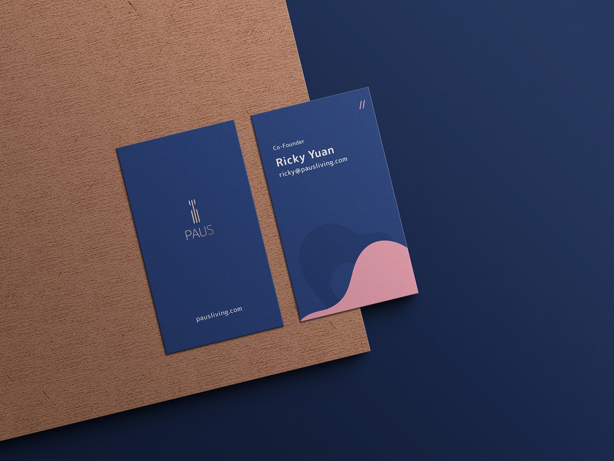 這張圖像展示了PAUS的名片設計,包含兩張名片:一張顯示PAUS識別和官網網址,另一張顯示創辦人的聯絡資訊。