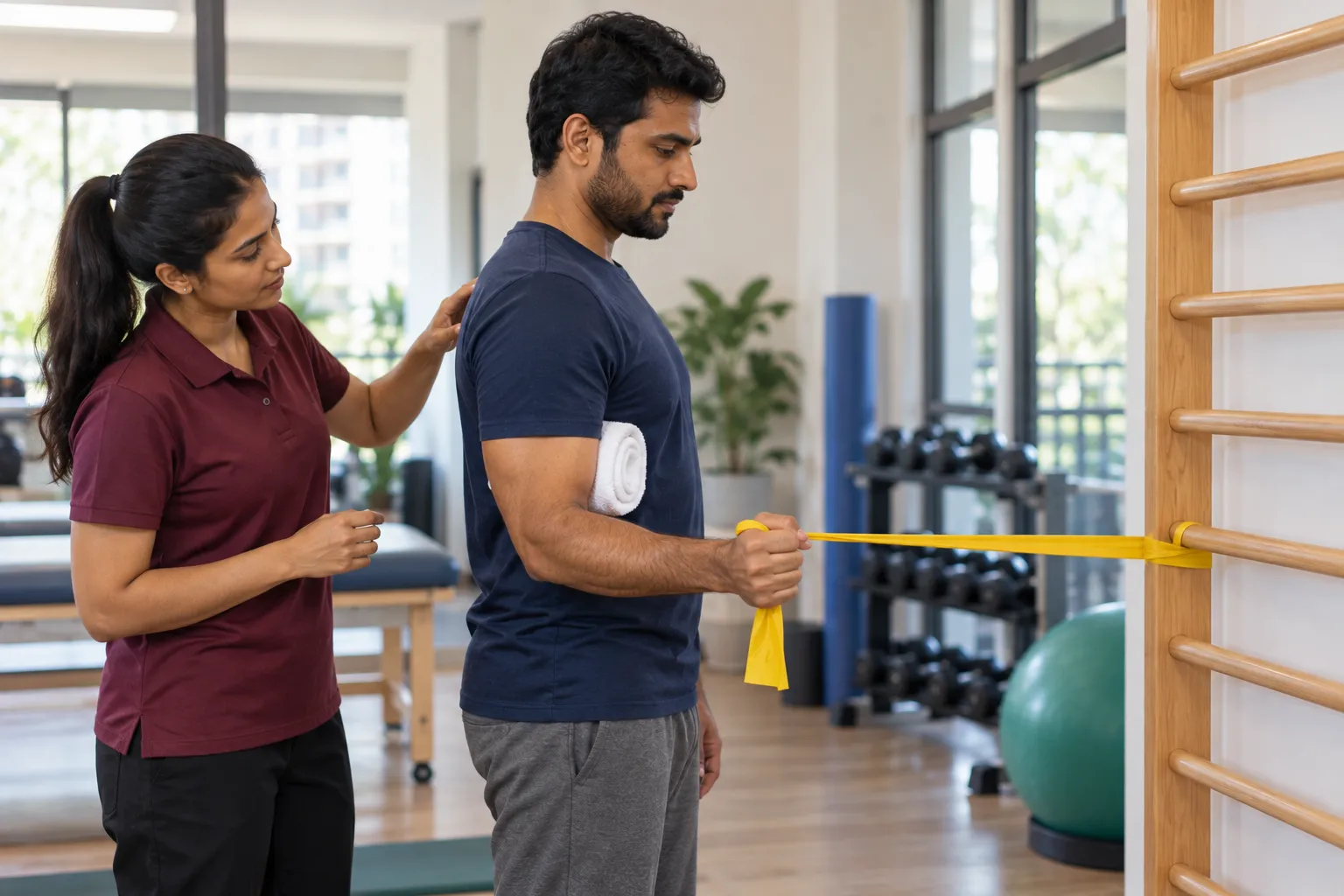 Physiotherapist guiding a man through a resistance-band shoulder external rotation exercise with a towel under the elbow