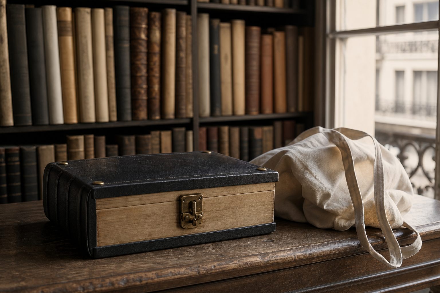 Bibliothèque de romans et, devant, un coffret épais en forme de livre relié, trop épais pour être un roman.