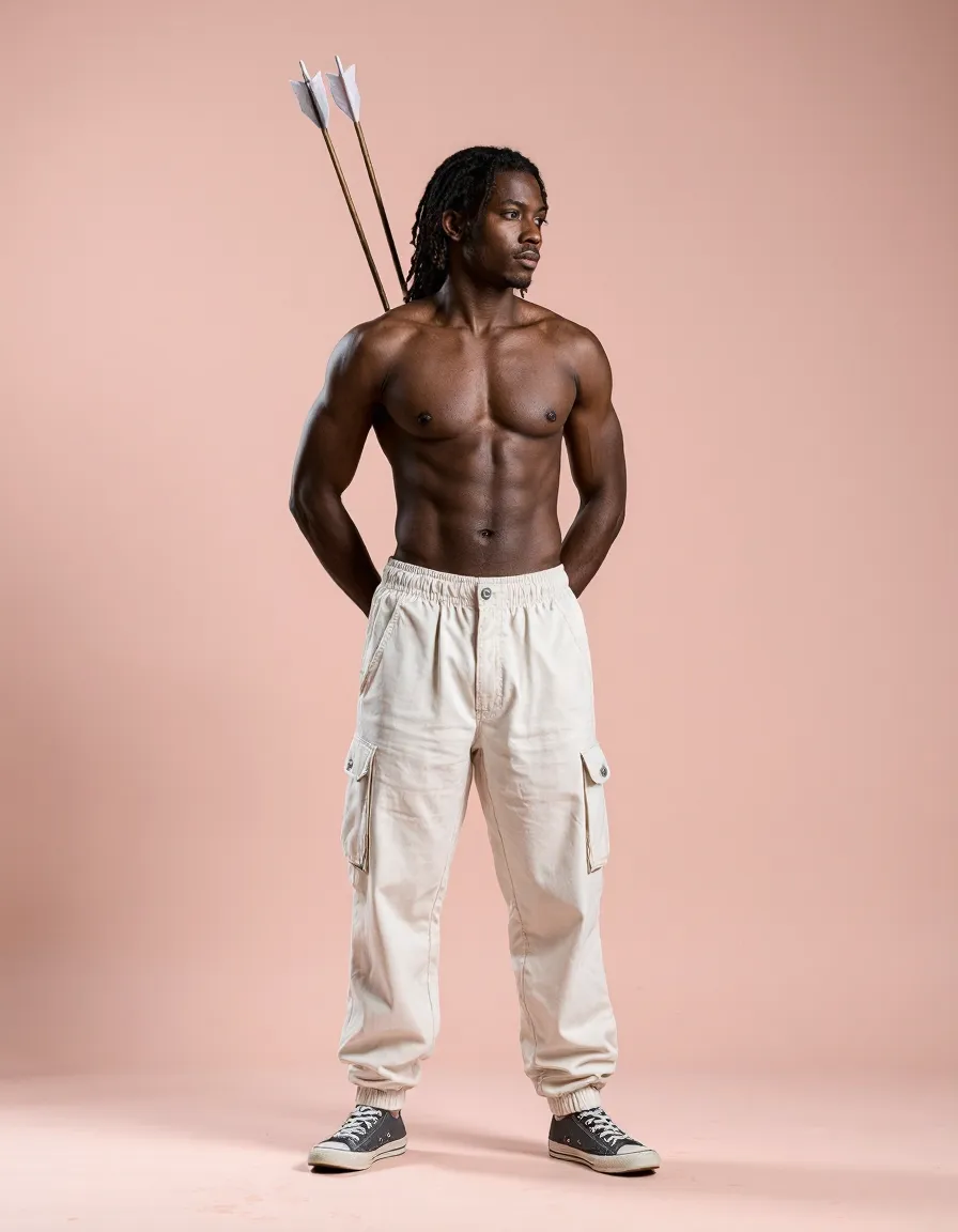 Athletic male model in beige cargo pants on pink background - AI-generated fashion catalogue photography
