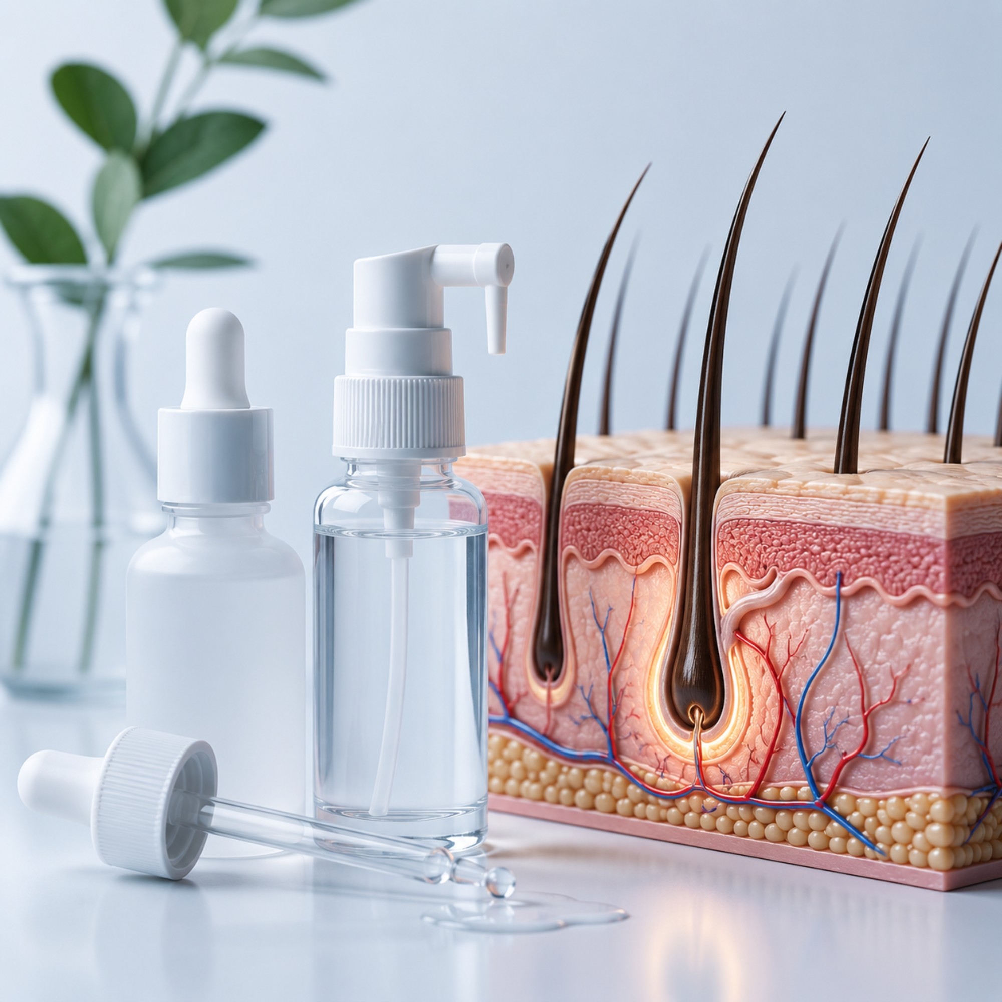 Minoxidil-oplossing naast een model van haarfollikels als illustratie van een behandeling voor haarverlies.