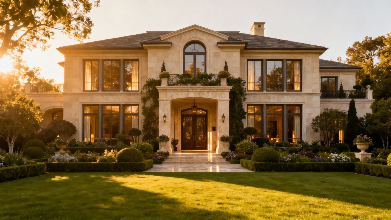 Luxurious estate with grand entrance and gardens.