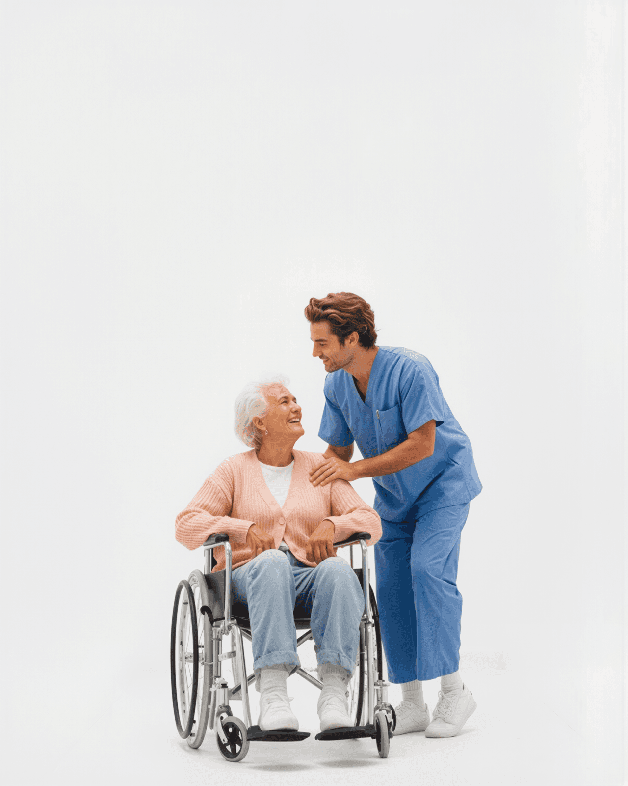 Healthcare professional supporting an elderly patient in a wheelchair, symbolizing Synapti Health’s value based care training that reduces consultant dependency by building internal capabilities.