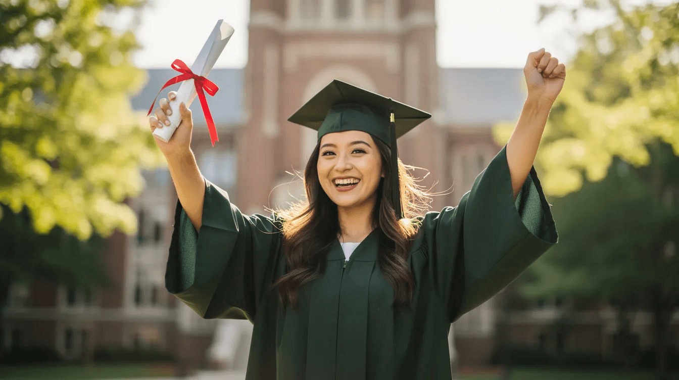 A joyful graduate in a cap and gown holds their diploma high, celebrating a significant achievement. This moment marks not only academic success but also the potential for future financial planning, including tax efficient gifting strategies and estate planning for family members.