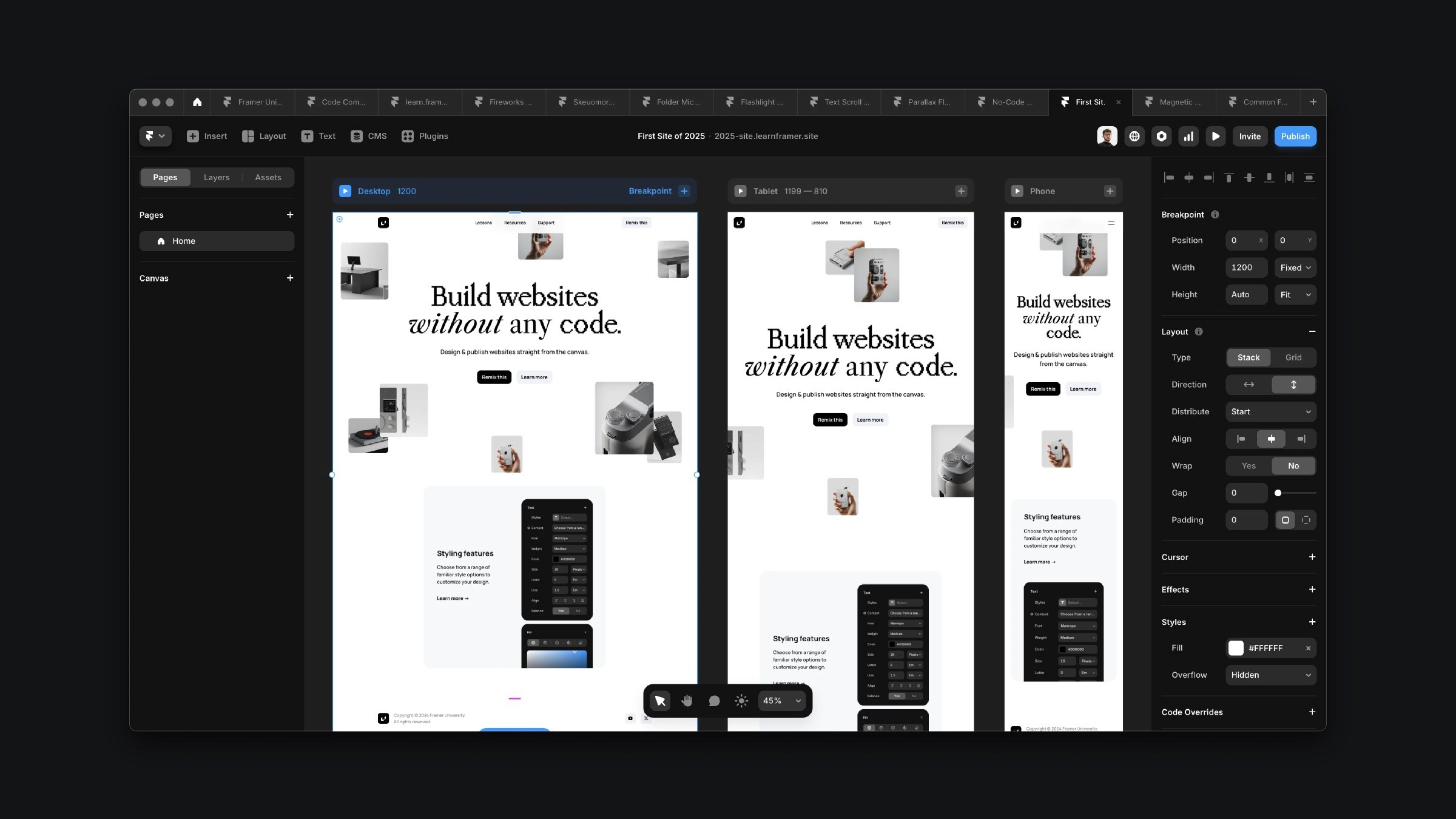 Framer responsive design interface showing desktop, tablet and mobile layouts