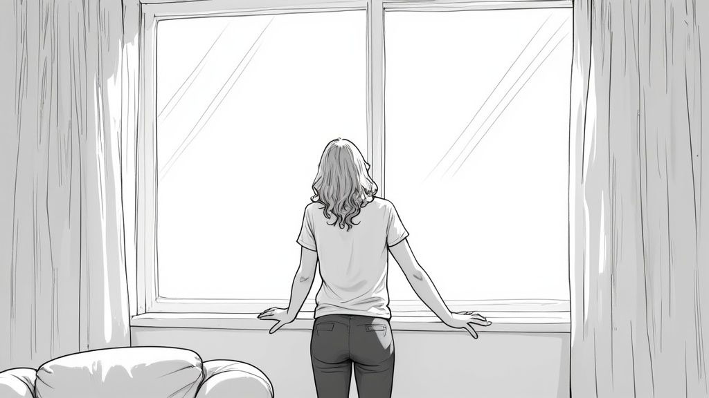 Eine Person steht vor einer hellen Wand und wird von natürlichem Fensterlicht beleuchtet, was ein weiches, professionelles Porträt erzeugt.