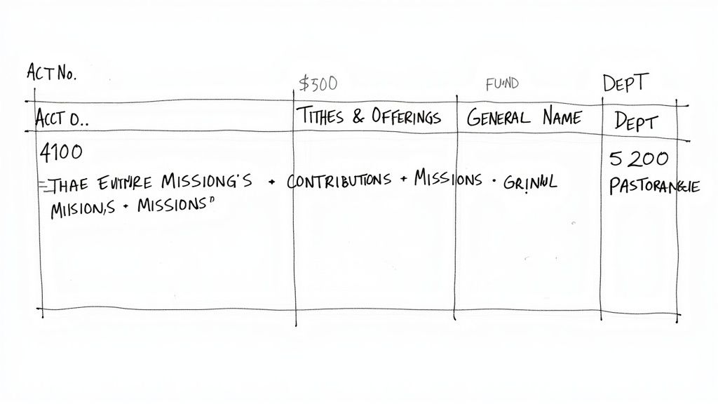 A detailed, handwritten nonprofit chart of accounts with fund, department, and mission entries.