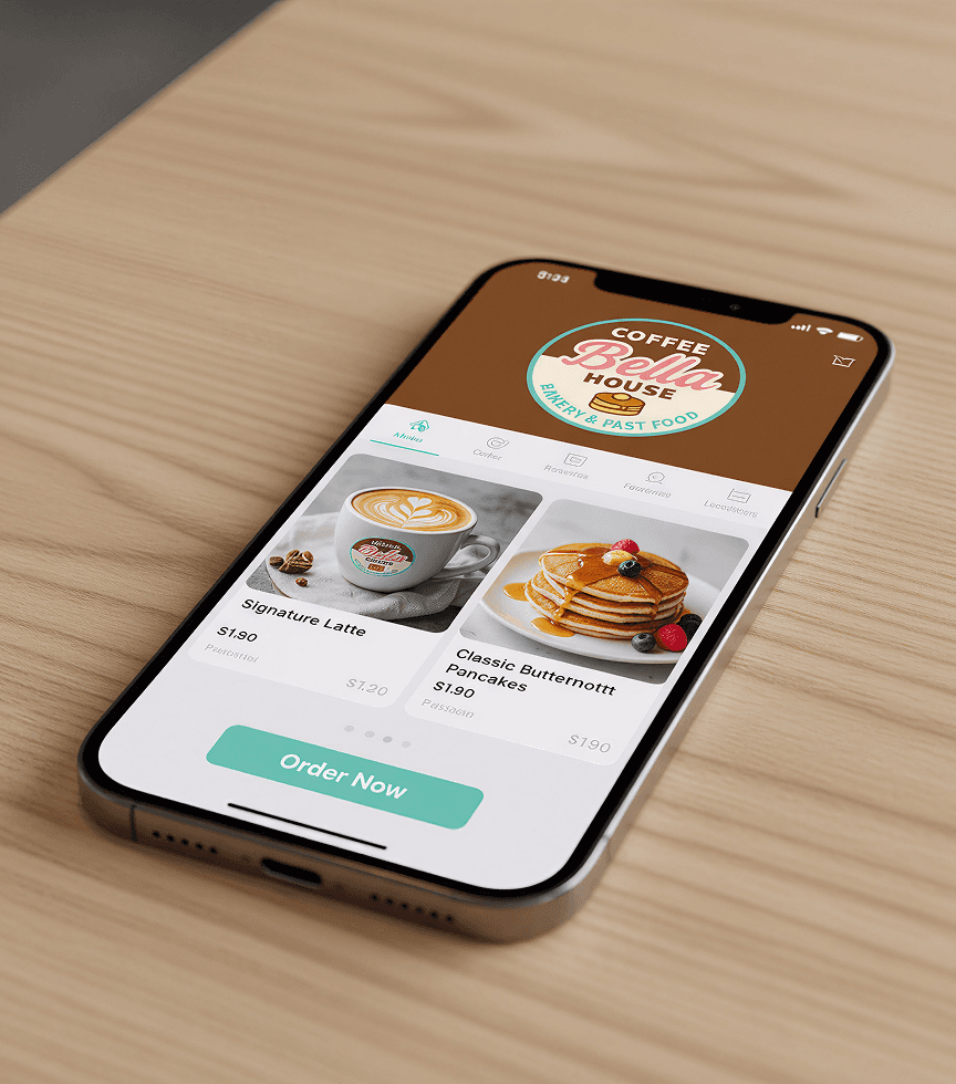 Coffe Bella House ordering app mockup on smartphone screen