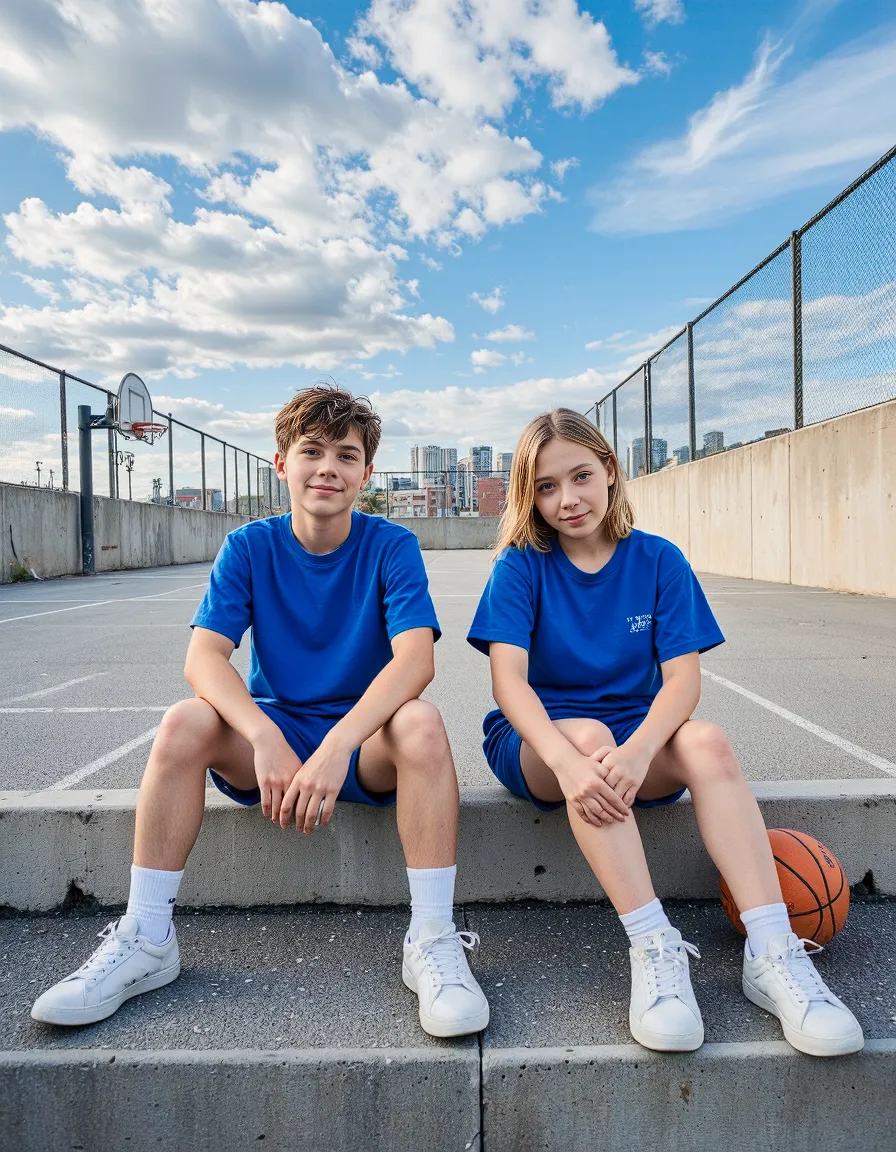 Two young people in matching blue athleisure outfits sitting on concrete steps at a basketball court with city skyline in background