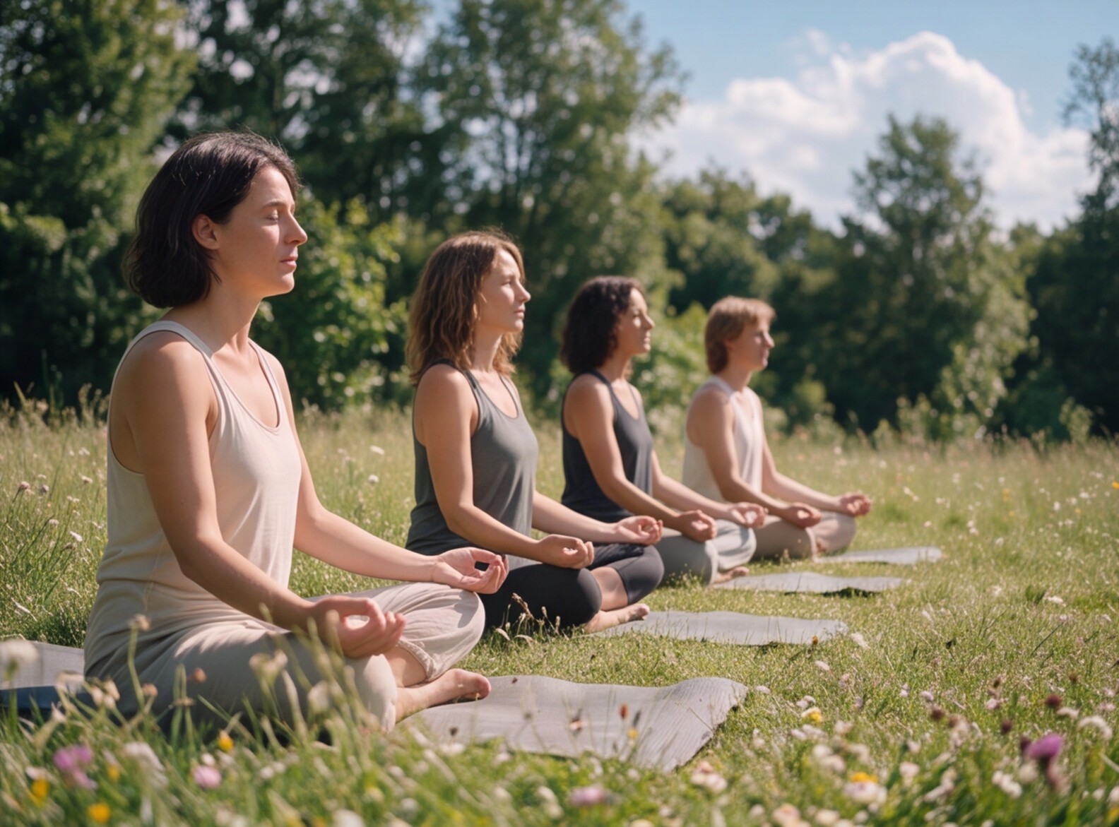 A line of four women sitting cross-legged in a meditation pose on mats in a grassy field outdoors.