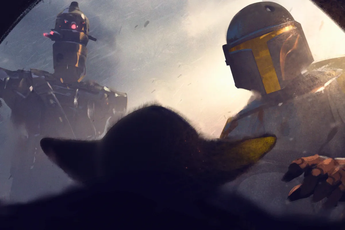 From Grogu’s perspective, a Mandalorian warrior and a towering IG-series droid loom over him against a stormy sky. The Mandalorian extends a cautious hand, signaling the beginning of an unexpected journey on Arvala-7.