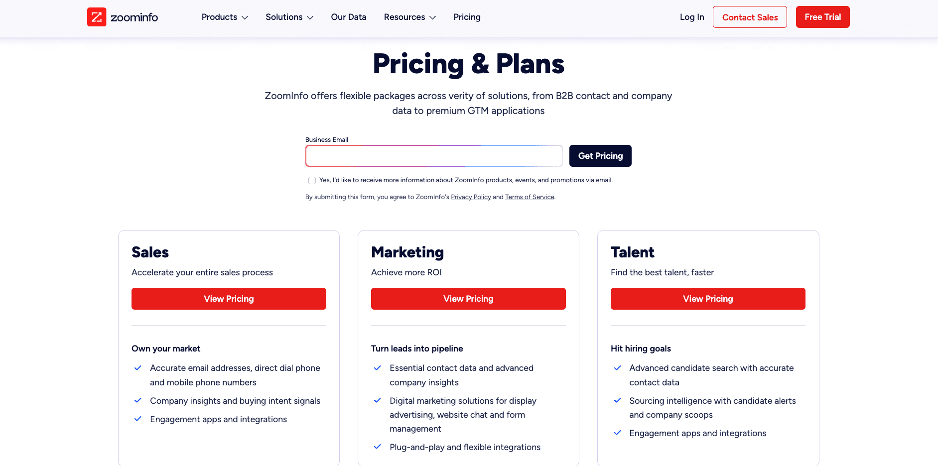 ZoomInfo pricing page